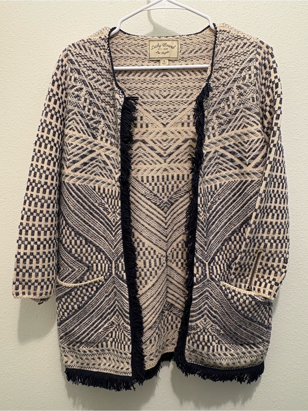 Lucky Brand Cream and Black Geometric Fringe Open Cardigan